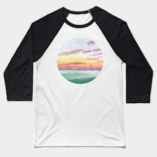 Foggy Field Sunset Watercolor Baseball T-Shirt